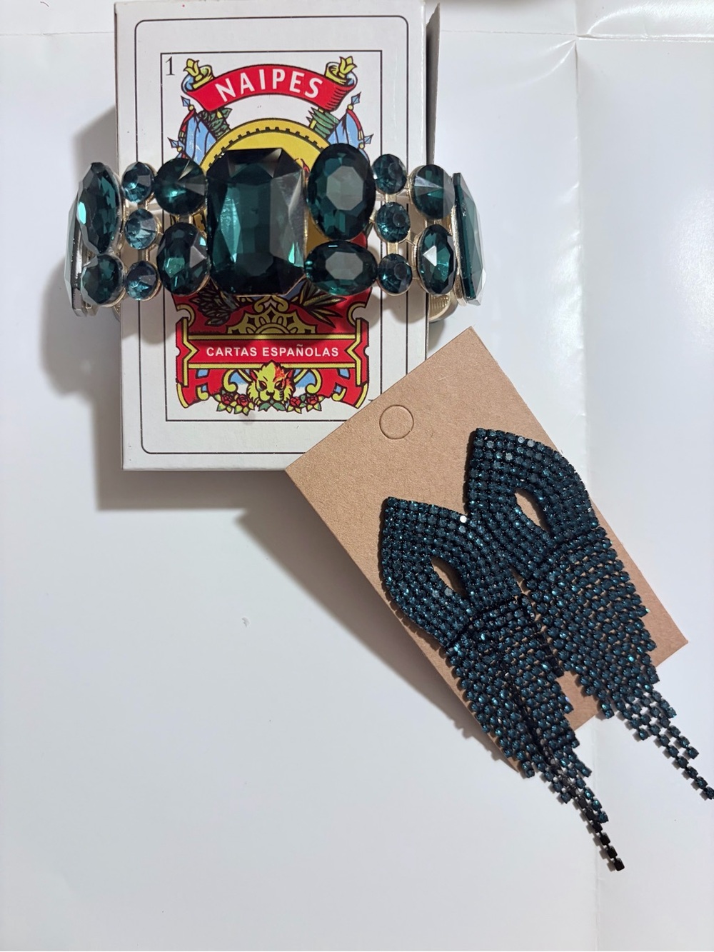 Teal Crystal Statement Bracelet and Fringe Earrings Set Ariol Jewelry